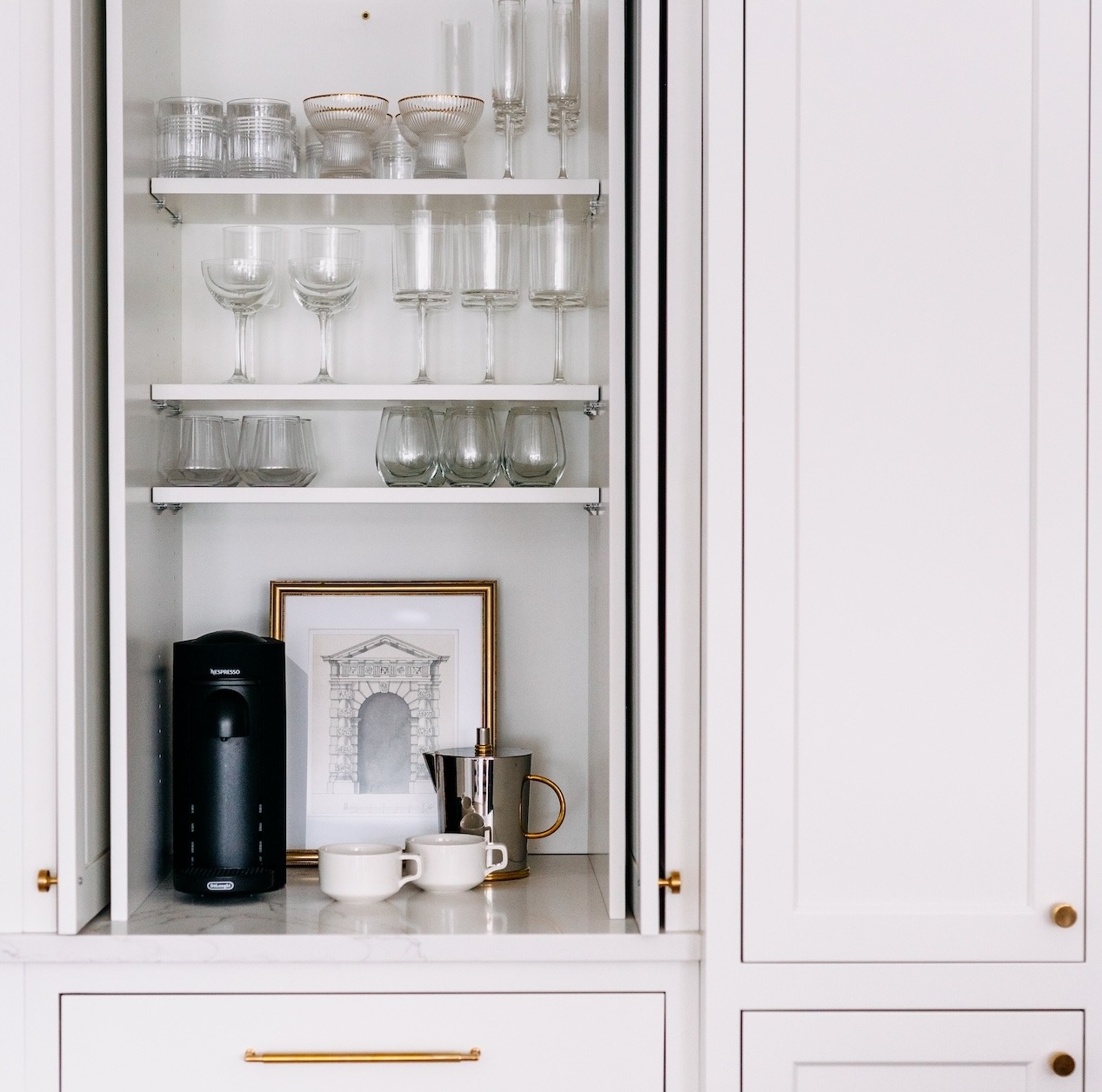 Bright Kitchen Design White Cabinetry Hidden Coffee Station