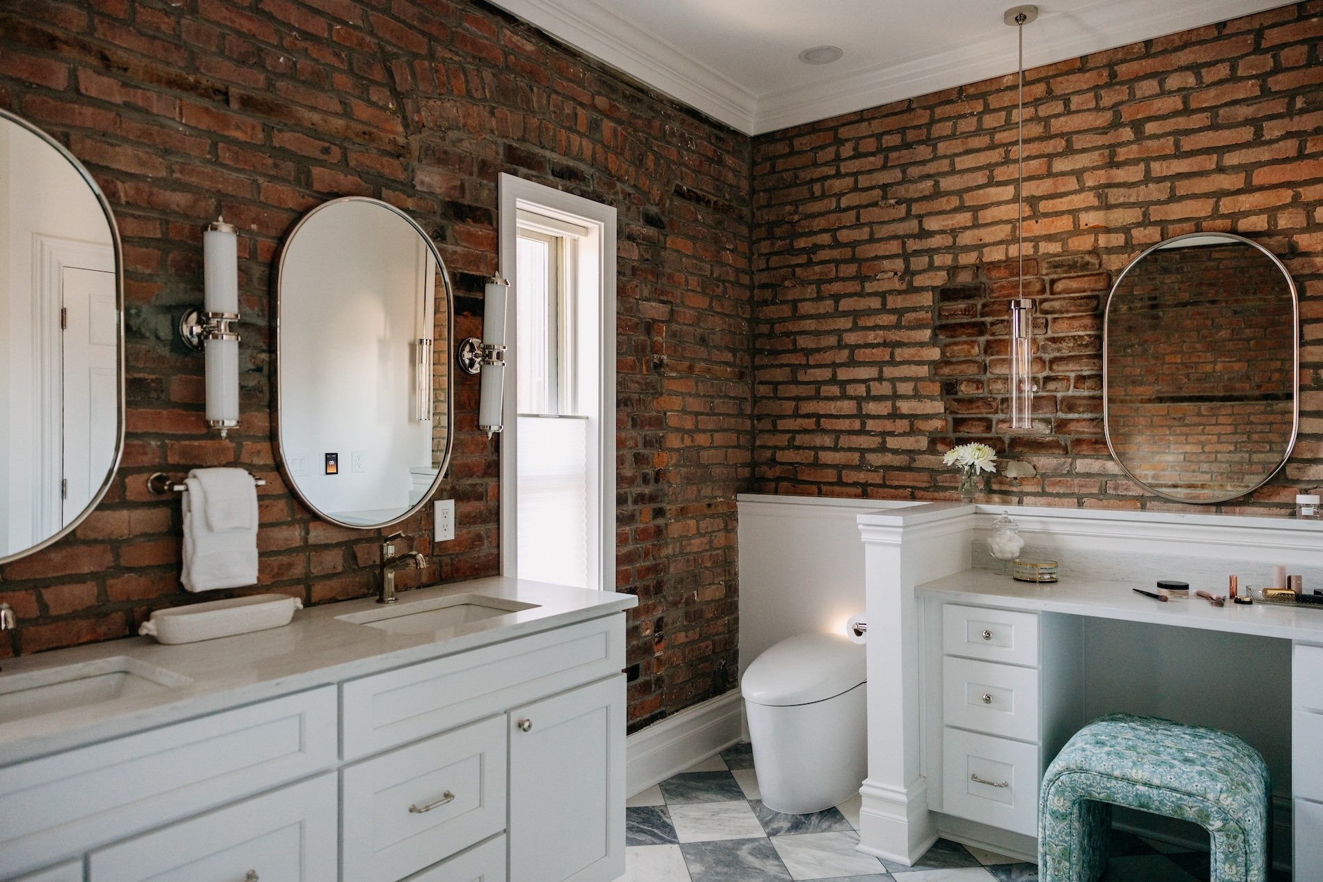 Historic Home Renovation Brick Wall Bathroom