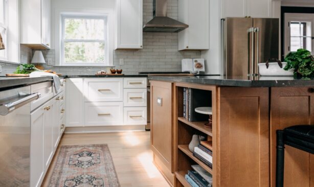 Kitchen Runner Rug And Island Storage For Cookbooks