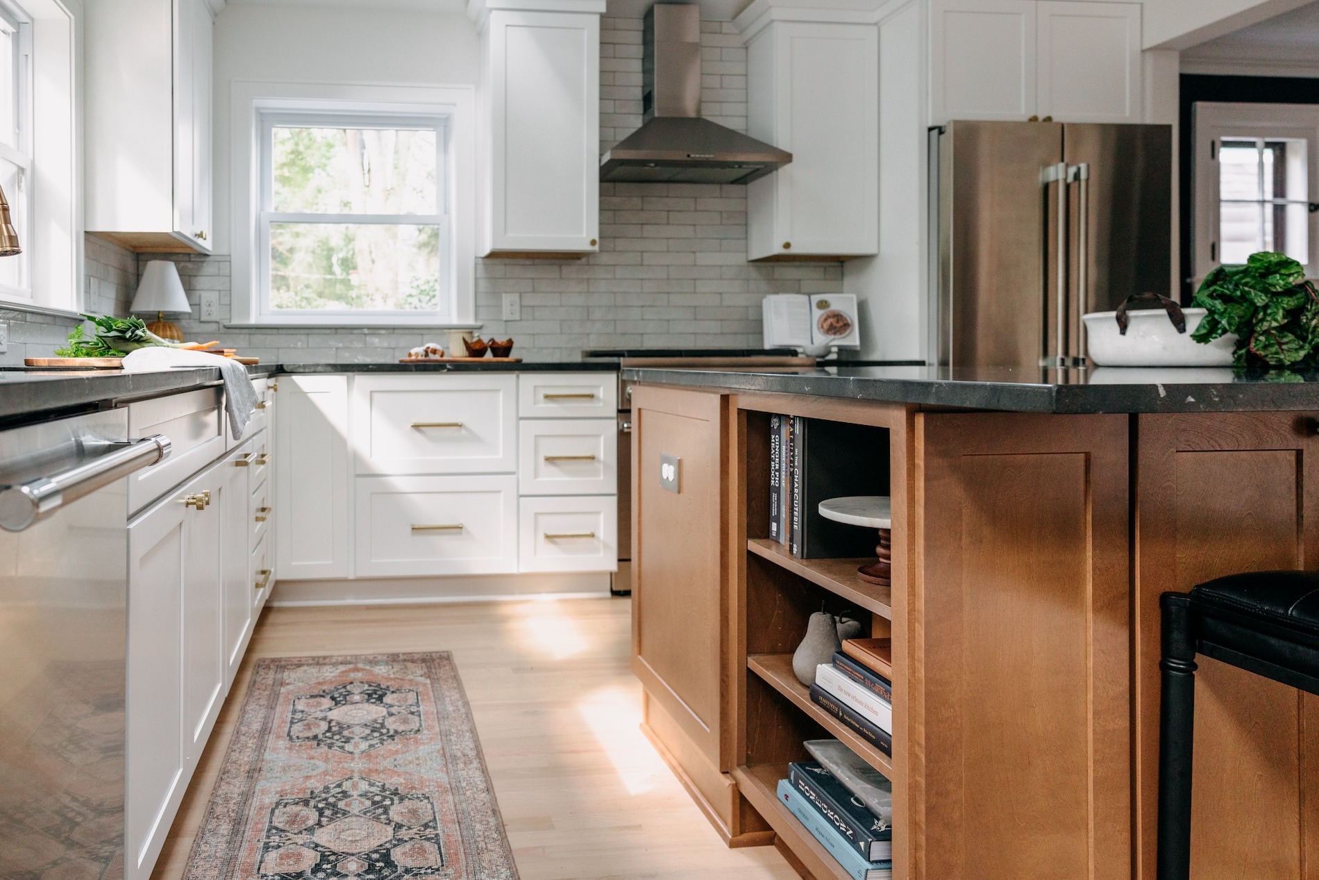 Kitchen Runner Rug And Island Storage For Cookbooks