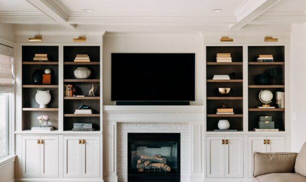 living room interior design with built in shelves