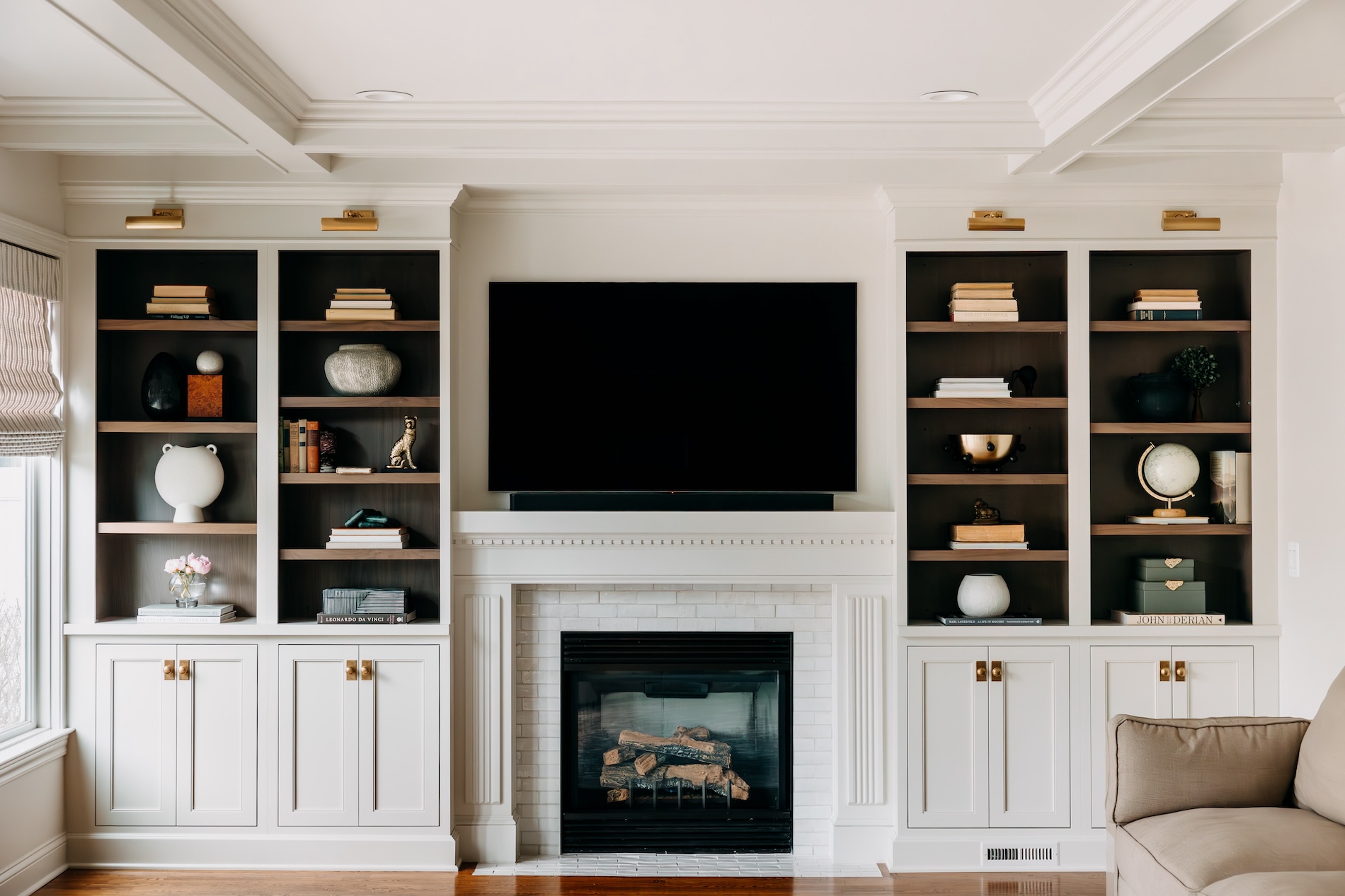 living room interior design with built in shelves